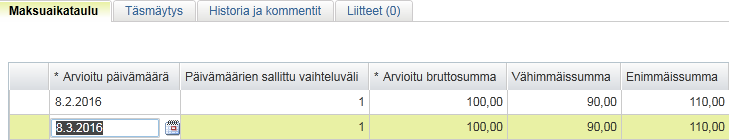 Ostoreskontra P2P (Alusta) Professional-käyttäjän ohjeet Sivu 62 / 63 Voit esim. muuttaa myös tiliöintiä tietyille riveille: Jokaisella maksuaikataulun rivillä on oma tiliöintirivi.