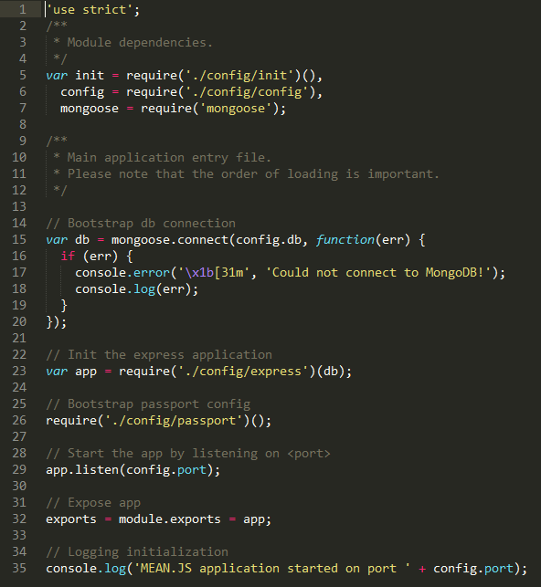 Projektin varsinaisen kansiorakenteiden alle jää 17 tiedostoa (kuvio 20). Tärkeimmät tiedostot ovat nimeltään server.js ja gruntfile.js. Server.js (kuvio 26) suorittaa sovelluksen alustuksen.