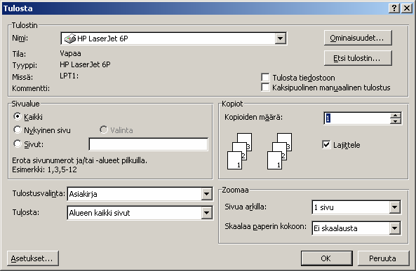 3. Tekstinkäsittely Microsoft Word 26/51 Sivualue-kohtaan voidaan valita tulostettava alue: Kaikki Nykyinen sivu: Tulostetaan vain sivu, jolla kohdistin on.