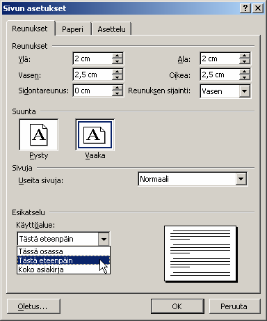 3. Tekstinkäsittely Microsoft Word 37/51 Osan palstoitus ja asiakirjan tavutus Jos haluat palstoittaa tietyn kohdan asiakirjasta kahteen tai useampaan palstaan, toimi seuraavasti: 1.