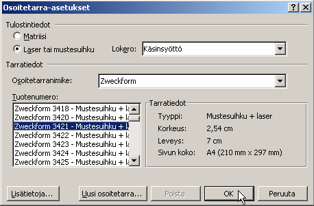 3. Tekstinkäsittely Microsoft Word 42/51 Vaiheessa 2/6 valitaan aloitusasiakirja, jätä valinta kohtaan Muuta asiakirjan asettelua, jolloin avoinna olevasta tyhjästä asiakirjasta muokataan tarrojen