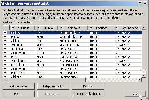 3. Tekstinkäsittely Microsoft Word 44/51 Saat valintaikkunan, jossa valitaan osoitetiedot sisältävä tietolähde. Vaihda Kohde-ruutuun asema ja kansio, jossa osoitteet sisältävä Excel-työkirja on.