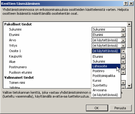 3. Tekstinkäsittely Microsoft Word 46/51 Excel-taulukon sarakeotsikot eivät yleensä ole aivan täsmälleen samannimisiä kuin yhdistämistoiminto olettaa niiden