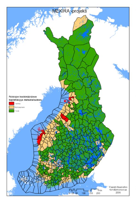 Selvitysraportti 30 (119) MEKIRA-projektissa tuotettu koko Suomen tilannetta kuvaava kartta vastaa ongelmallisten alueiden painopisteen osalta peltotilusrakenteen painopistettä.