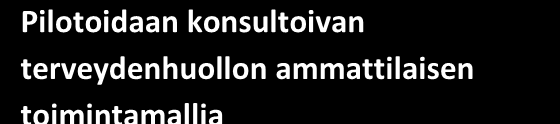 LIITE 2: TYÖ-JA TOIMINTASUUNNITELMA 2014-2016 Pilotoidaan konsultoivan terveydenhuollon ammattilaisen toimintamallia PILOTTIPROSESSI KÄYTÄNNÖN TOIMENPITEET AIKATAULU VASTUUTAHO PILOTOINNIN ESITYÖT