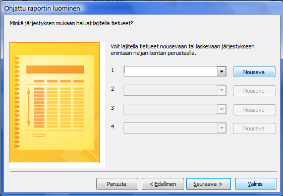 Taulukot ja kyselyt - riviltä valitaan tauluko tai kysely, josta raportti tehdään.