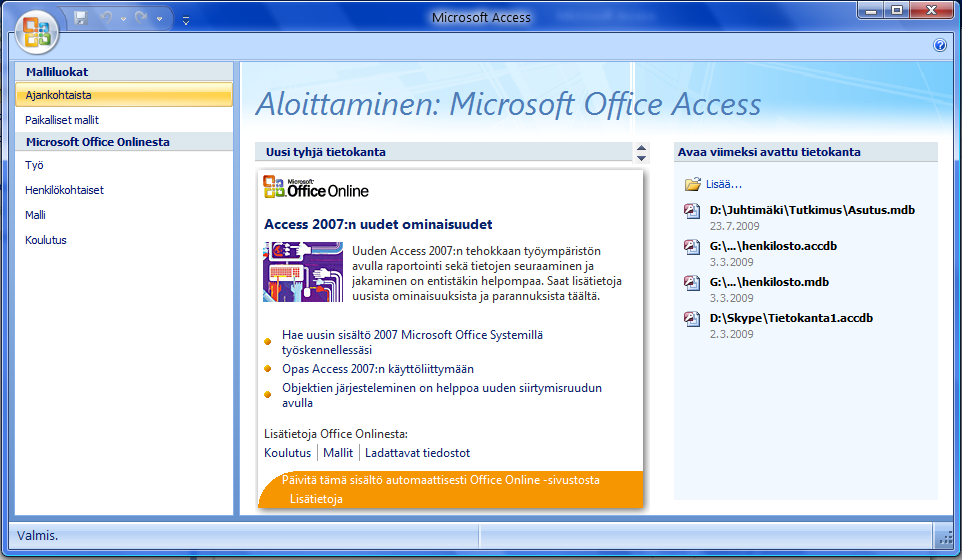 Tämän jälkeen käynnistys poikkeaa muista Office-ohjelmista. Näyttöön tulee Microsoft Office Accessin käytön aloittaminen -sivu.