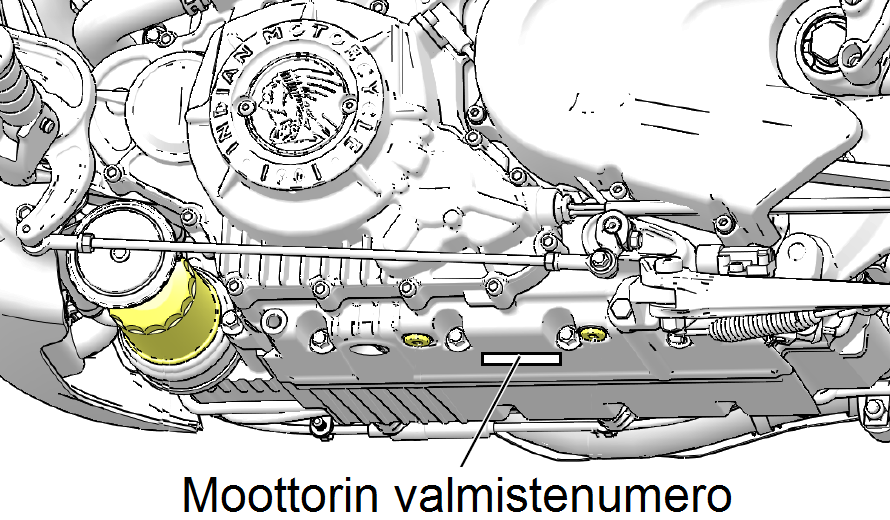 Polttoainesuositus, ajamiseen liittyvät varoitukset Moottorin valmistenumero Moottorin valmistenumero on meistetty moottorin alapuolelle, kampikammion vasemman puolen sauman