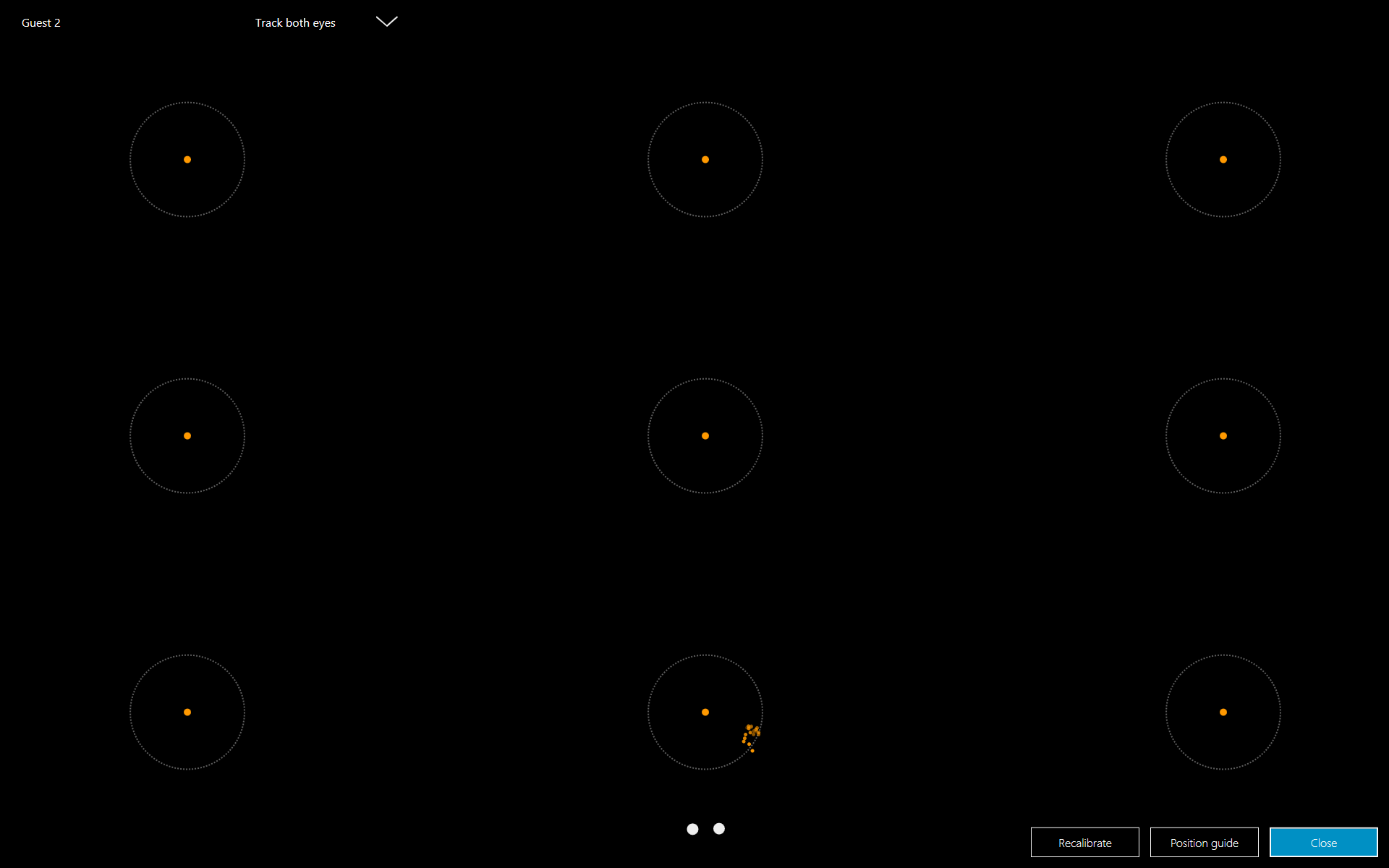 8.1.1.2 Test Eye Tracking Siirry Test Eye Tracking -sivulle valitsemalla Test Eye Tracking-painike. Test Eye Tracking -sivulla voit tarkistaa katseenseurannan tarkkuuden ja suorituskyvyn.