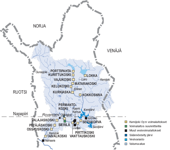 Kuva 4. Kemijoen vesistöalue voimalaitoksineen (Kemijoki Oy 2007a). 1.3.3. Ounasjoen vesistöalue Ounasjoki on suurin kokonaan maamme rajojen sisällä olevista rakentamattomista joista.