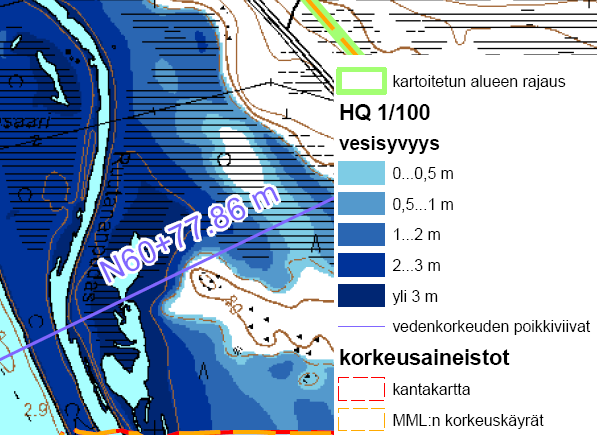 2.4. Tulvavaarakartat Tulvavaarakartoituksen tulosten pohjalta laadittiin vektorikarttapohjalle toistuvuudeltaan kerran 50, 100 ja 250 vuodessa suuruisen tulvan peittävyyskuviot ja syvyysvyöhykkeet.