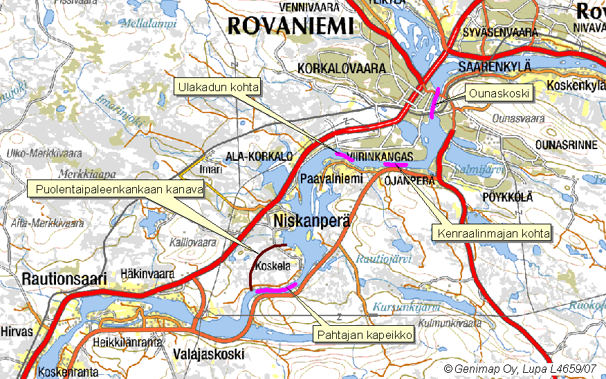 Kuva 31. Kemijoen laskennalliset perkauskohteet sekä Puolentaipaleenkankaan kanava.