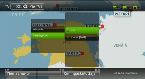 3 Voit poistua tekstitelevisiosta painamalla Tekstitelevisio ( ) -näppäintä uudelleen. Ensimmäinen painallus vaihtaa tekstitelevision taustan läpinäkyväksi. Toinen painallus sulkee tekstitelevision.