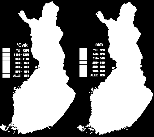 Kuva 1: Termisen kasvukauden keskimääräiset olot vertailukaudella 19712000. Vasemmalla tehoisan lämpötilan summa ( Cvrk) ja oikealla sadesumma (mm) (Ilmatieteen laitos 2009b).