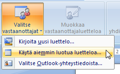 Tekstinkäsittely Microsoft Word 2007 24/30 4. Napsatuta Valitse vastaanottajat ja Käytä aiemmin luotua luetteloa Etsi sitten tiedosto, josta vastaanottajien luetteloa löytyy.