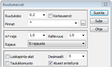 12. Massalaskenta Kolme eri menetelmää. - Yhteistä - Pintatunnus oltava oikein. - Yleensä alimmaisena käytetään leikkaavaa pintaa 11. - Vain 2-pinta antaa neliöt. - Rajaustiedoston käyttö.
