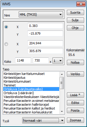 Käyttö Listalta valitaan haluttu yhteys, jolloin ohjelma hakee automaattisesti päivitetyt asetukset. Valitaan taso(t) ja näytetään hiirellä alue. Kohdassa koko näkyy haettavan alueen pikselikoko.