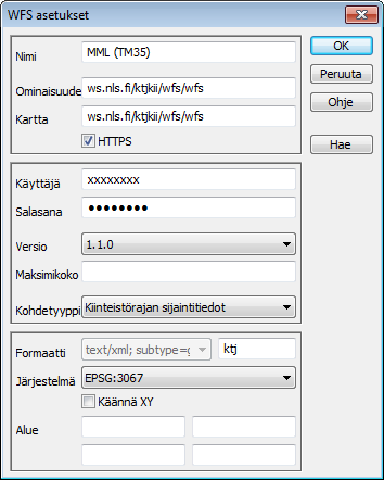 WFS (Web Feature Service) Käytetään vektorikarttojen hakuun. Toimii pääosin kuten WMS, mutta vaatii ominaisuustietojen tulkkauksen ensimmäisellä kerralla.