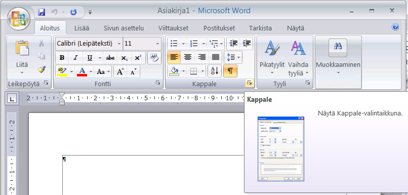 Valintaikkunat Office 2007 -ohjelmista löytyvät myös perinteiset Windows-valintaikkunat. Näissä valintaikkunoissa voit tehdä useita yksityiskohtaisempia, toimintoja ohjaavia asetuksia.