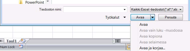 Tiedoston avaaminen Avaat olemassa olevan tiedoston helpoiten näppäinyhdistelmällä Ctrl + O. Asiakirjan voit avata myös napsauttamalla Office-valikon Avaa-komentoa.