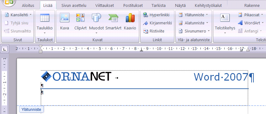 Ylä- ja alatunnisteen luominen Ylä- ja alatunnisteeseen sinun tulee kirjoittaa se tieto tai sijoittaa se kuva, jonka haluat toistuvan asiakirjan kaikissa tulostuvissa sivuissa.