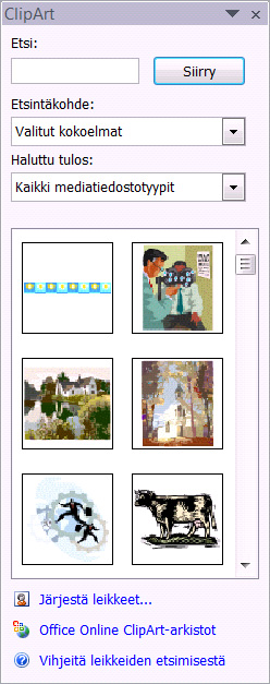 ClipArt-kuvien lisääminen ClipArt on Microsoft Office ohjelma-asennuksessa laitteellesi asennettu ilmaiskuvia sisältävä kuvakirjasto, jossa on satoja valmiita piirros-, animaatio-, ääni-, elokuva- ja