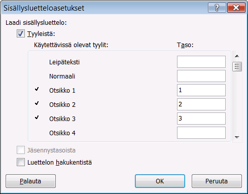 Sisällysluettelon asetukset Etenkin jos nimeät kaikki käyttämäsi tyylit itse, on sinun rakennettava sisällysluettelo Asetukset-valintaikkunan avulla.