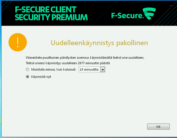 27 Kuva 9. F-Secure Software Updater uudelleenkäynnistys ikkuna. Seuraavaksi työasemaan asennettiin Java 7 update 9 32-bittinen versio.