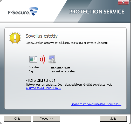 36 6.10 RuckZuck RuckZuck oli helppo ladata, mutta asennuksessa F-Secure PSB antoi varoituksen asennuksen yhteydessä (Kuva 15).