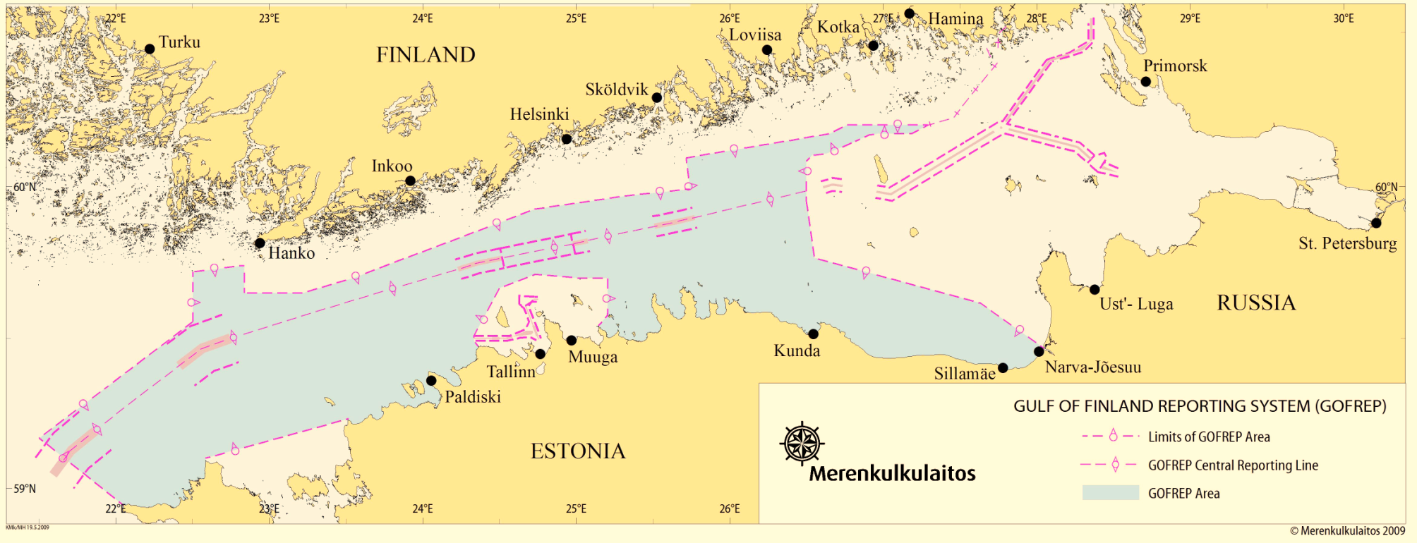 tely on toteutettu liikenneministeriöiden välisellä sopimuksella ja sille on haettu IMO:n hyväksyntä. Suomenlahden eteläistä osaa valvoo Viro, pohjoista Suomi ja Suomenlahden pohjukkaa Venäjä.