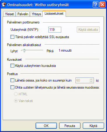 19. Uutisryhmät 19.2 Uutisryhmätilin asetusten muuttaminen Seuraavan ohjeen avulla voit muuttaa Microsoft Outlook Express -ohjelmassa aikaisemmin luodun uutisryhmätilin asetuksia.