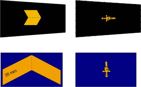 12 (32) kersantilla kolme 5 mm leveää kaluunakulmaa sotilasammattihenkilöllä 20 mm korkea aliupseerien ammattimerkki alikersantilla kaksi 5 mm leveää kaluunakulmaa ja korpraalilla yksi 5 mm leveä