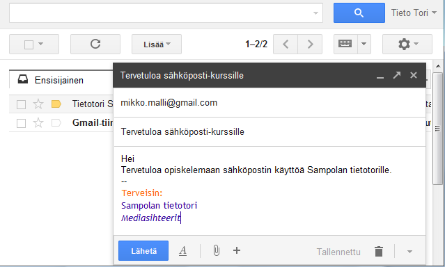 SÄHKÖPOSTIN PERUSKURSSI 7 Uuden viestin kirjoittaminen Aloita viestin kirjoitus klikkaamalla punaista kirjoita laatikkoa Gmail-logon alapuolella. Uusi ohjelmaikkuna aukeaa.