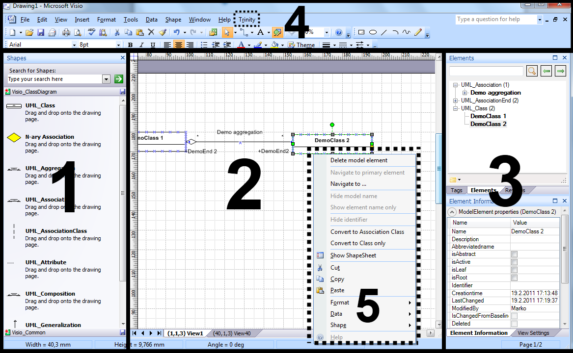 23 5. LAAJENNETTU MICROSOFT VISIO Työssä suunniteltiin ja toteutettiin Microsoft Visioon laajennus, jolla Visiosta saadaan Trinity-ympäristössä toimiva joustava graafinen mallinnustyökalu.