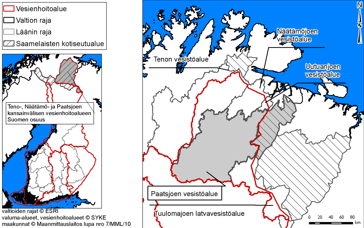 2 Vesistön kuvaus Paatsjoen vesistöalue sijaitsee Lapin maakunnan pohjoisosassa pääosin Inarin kunnan alueella (Kuva 1). Pieniä osia vesistöalueesta sijoittuu Norjan ja Venäjän puolelle.