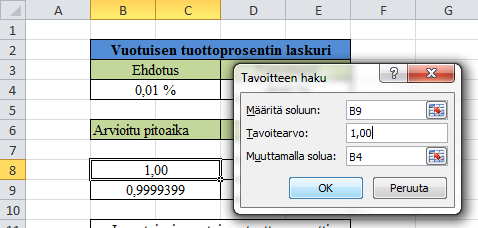 26 Soluissa B9 ja D9 on kaava =((1+B4)^D6-1)/(B4*(1+B4)^D6). Solussa D9 B:t on korvattu D:llä. Tämä on siis jaksollisten suoritusten diskonttaustekijän kaava.