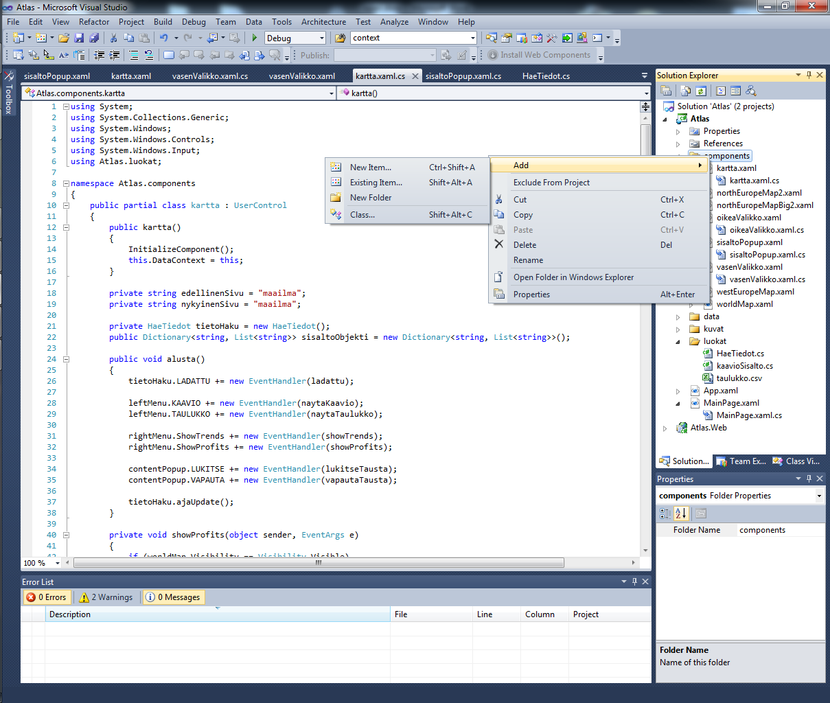 Kuva 10 Visual Studio - uuden tiedoston lisääminen Uusien tiedostojen tai kansioiden lisääminen onnistuu helposti painamalla hiiren oikeaa nappia Solution Explorerissa haluamassaan kohdassa.