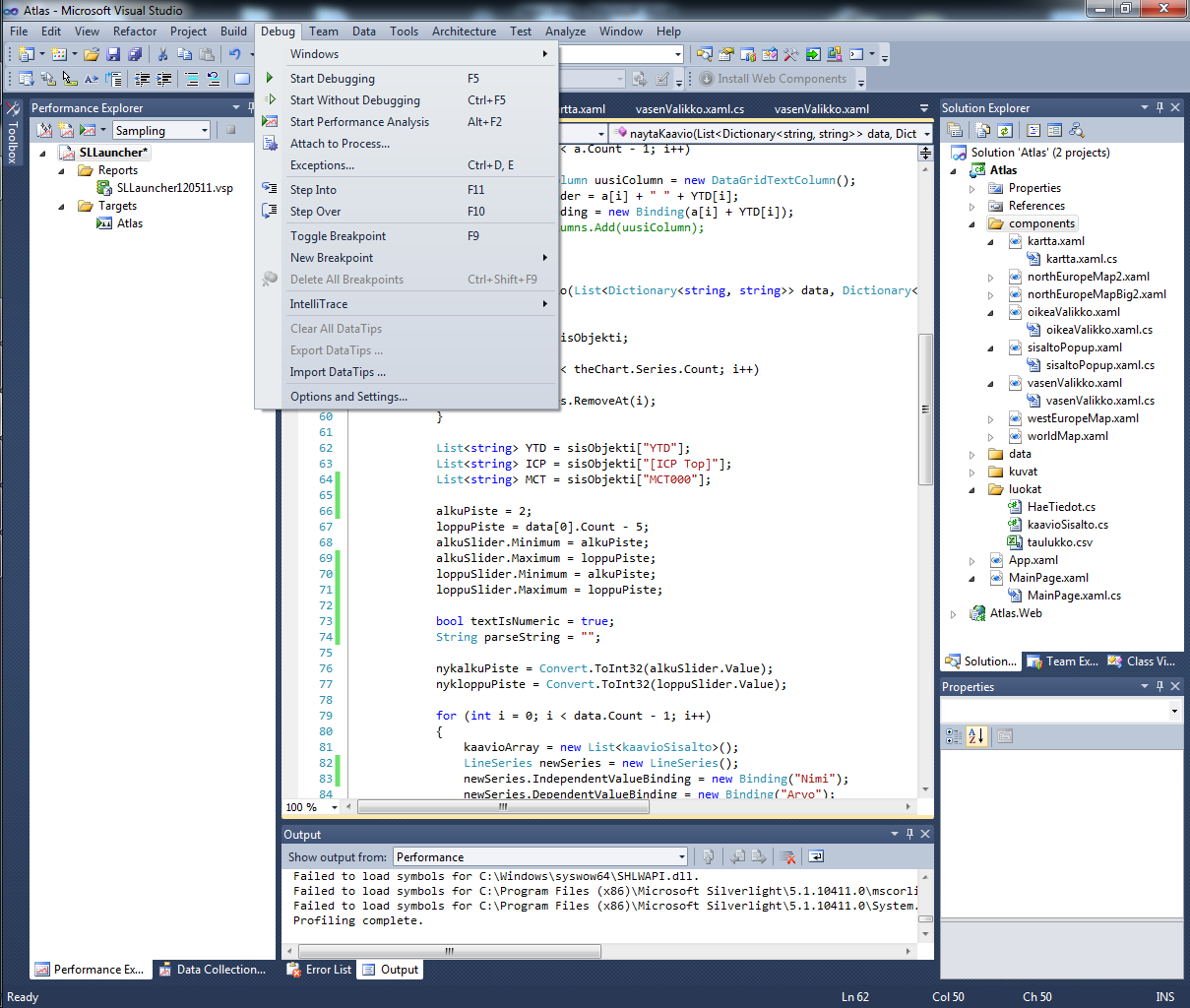 Kuva 12 Visual Studio - Debug-valikko Kuvassa 12 näkyy Debug-valikko avattuna. Tämä toimii esimerkkinä ohjelman ylävalikoiden toiminnasta.