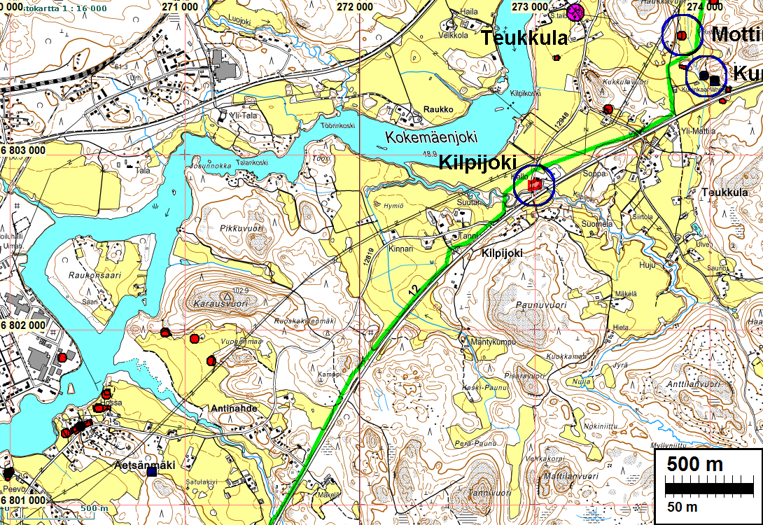 Linja kulkee etäällä Jaamalan ja Kulmuntilan kylätonteista, sekä joen varren muista kylätonteista kuten Ulvista.