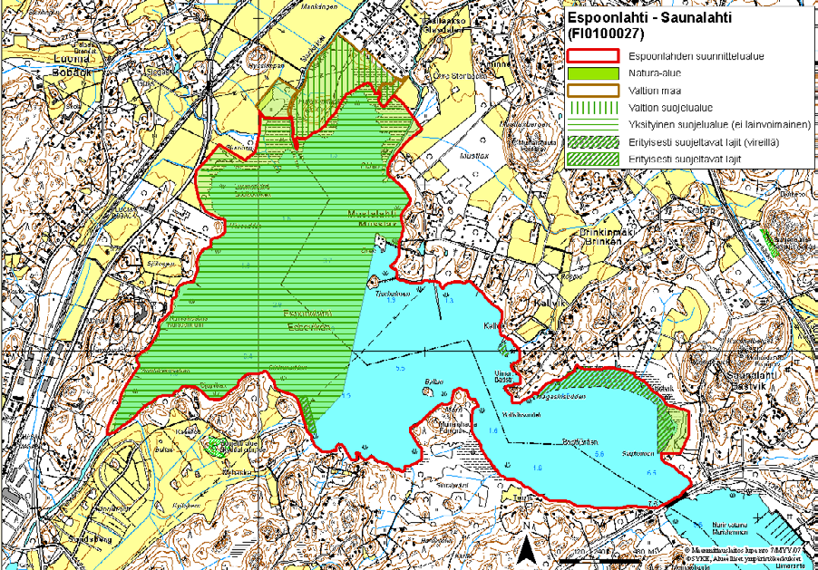 2 Espoonlahden Natura 2000 -alue 2.1 Alueen kuvaus Espoonlahti-Saunalahti on kaksiosainen Natura-alue Espoon ja Kirkkonummen rajalla. Pinta-alaltaan huomattavampi on Espoonlahti (220 ha).