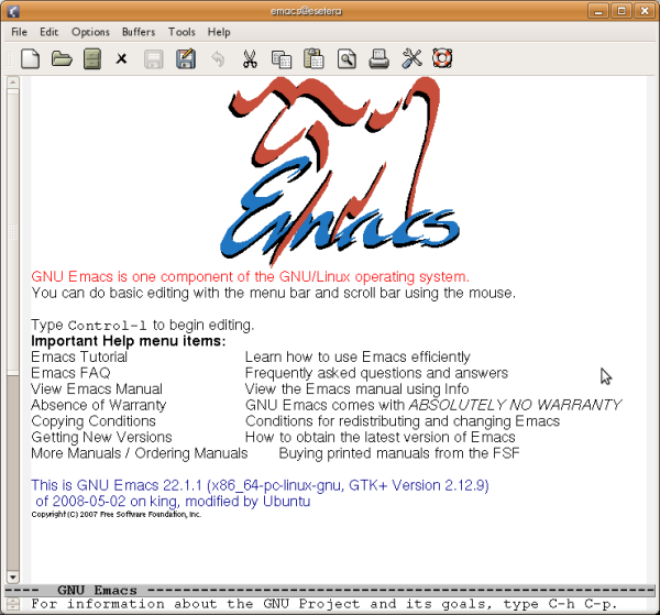Emacs Emacs on hyvin tehokas tekstieditori. Voit käynnistää Emacsin kirjoittamalla sen nimen komentoriville.