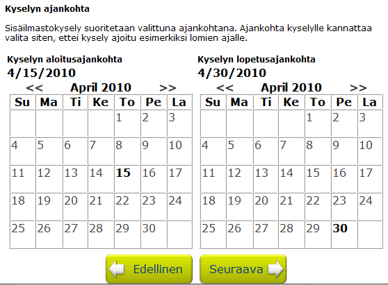 Kun uuden kyselyn tiedot on syötetty järjestelmään ja tallennettu, ohjelma kysyy vielä käyttäjäryhmiä kyselylle. Valitse käyttäjäryhmät, joille haluat kyselyn näkyvän ja paina Valmis.