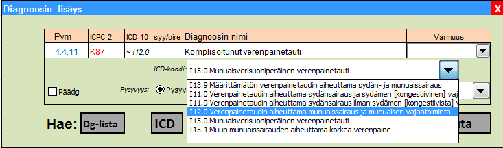 Kuva 8. ICPC-koodistoa käytettäessä tarjotaan vastaavien ICD-koodien listaa, jossa oletuksena tarjotaan ensisijaiseksi määritelyä vastaavaa ICD-koodia. 5.1.2.3.