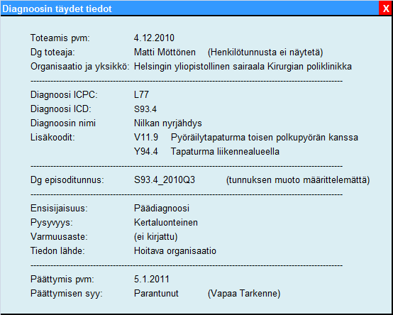 5.1.4.3. Diagnoosinäyttöjen sisällöt Diagnooseista listalla näytetään keskeiset tiedot, diagnoosimerkinnän tarkemmat tiedot näytetään tarvittaessa erikseen (kuva 14.).