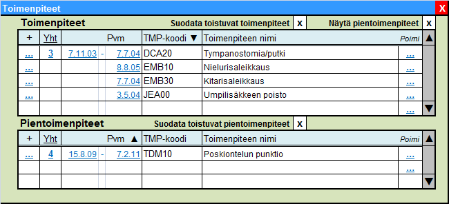 Kuva 19. Toimenpidelistan näyttömuotoa tulee voida muokata.