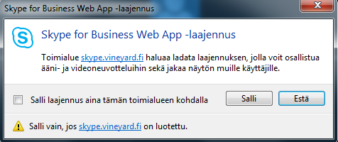 Mozilla Firefox ohjeet jatkuu Valitse Salli, jotta Skype for Business Web App laajennus asennetaan koneellesi Saatat