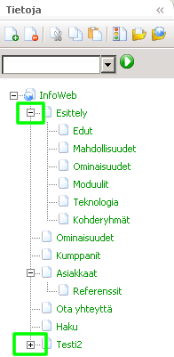 InfoWeb 15(149) 3. SIVUHAKEMISTO Sivuhakemistossa esitetään järjestelmän avulla luotu sivurakenne. Sivurakennetta voidaan tarkastella julkaisu-, sivurakenne- ja sivustonäkymien avulla.