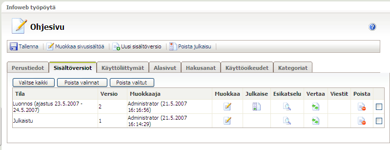 InfoWeb 25(149) Sisältöversio -välilehti Sisältöversio-välilehdellä listataan kaikki sivun versiot, jotka sivusta on olemassa.