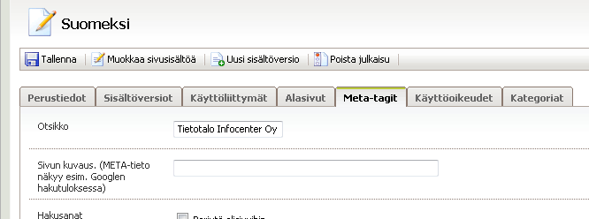 InfoWeb 28(149) Alasivut -välilehti Alasivut -välilehdellä listataan kaikki alasivut, jotka valitulla sivulla on.