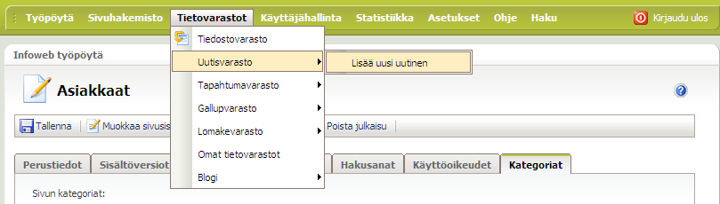 InfoWeb 42(149) Tämän jälkeen siirrytään itse Uutisvarastoon lisäämään uutta uutista.